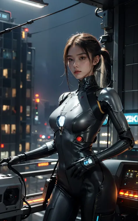 Best quality, delicate face, 20 year old beautiful girl, slim body, mechanical body, robot body, wires, cables, meters, cockpit, standing and maneuvering, over the city, there is a huge alien spaceship floating in the air, cyberpunk, sci-fi, dynamic pose, ...