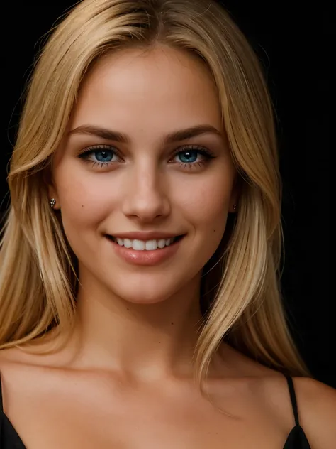 a closeup dark upper body shot photo of a blonde with perfect eyes, smile, dark background