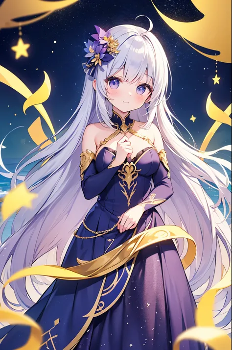 （masterpiece）、(highest quality)、((Super detailed))、(super delicate)、cute、Pastel colors hair、beautiful breasts、Gorgeous、fantastic sea of stars、Gold, silver, and purple costumes