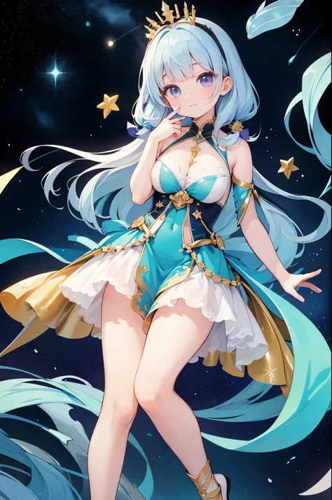 （masterpiece）、(highest quality)、((Super detailed))、(super delicate)、cute、Pastel colors hair、beautiful breasts、Gorgeous、fantastic sea of stars、Gold, silver, and purple costumes