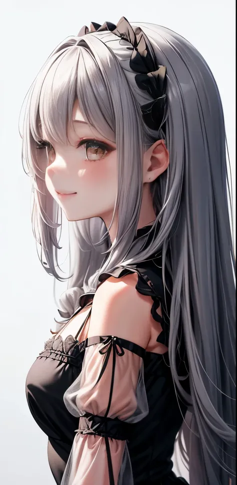 girl、white background、no background、gray hair、long hair、long hair、Contrasting bangs、black dress、Black see-through clothes、frills、profile、view from the side、blush、smile、cute、no background