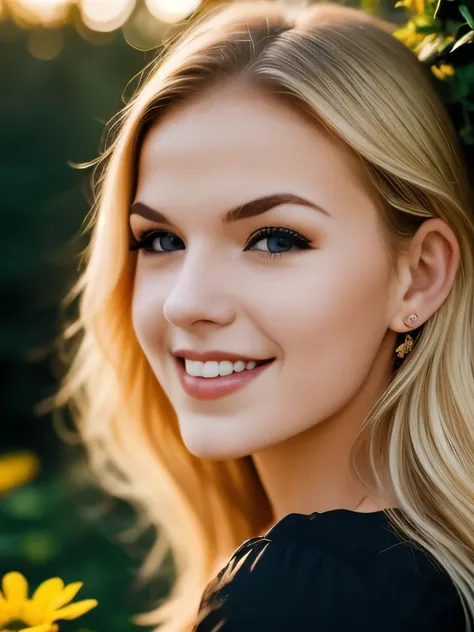 1girl, photograph of a pretty blond woman, 23yo, jubilant, long exposure, sharp focus on subject, floral hedge background, vibra...