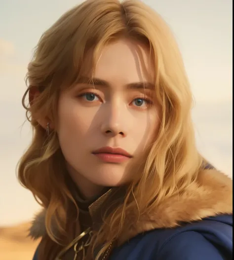 Blond man in blue jacket and fur collar looking at camera., Saoirse Ronan, miranda otto como eowyn, imogen poots as holy paladin, Imogen Poots Paladin, imogen poots como un guerrero santo, imogen poots as a paladin, # movie, imagen de avatar, fotograma de ...