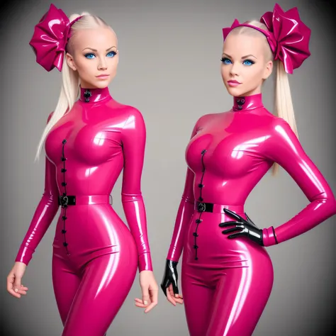 sexy twin girls,blondes Haar,Space Buns,rosa Latexbluse, Latex blouse buttoned up, Latex Bluse detailliert, light-blue Latex, pink latex, Red Shiny Lacquer PVC Shoes,Perfektes Gesicht,Detaillierte Augen,Detaillierte Lippen,Detailed hands,lange Wimpern,voll...