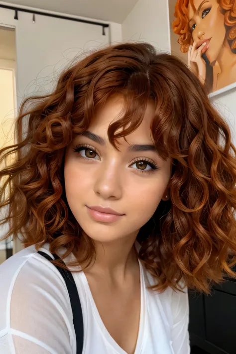 curly girl with brown eyes ,orange hairs,