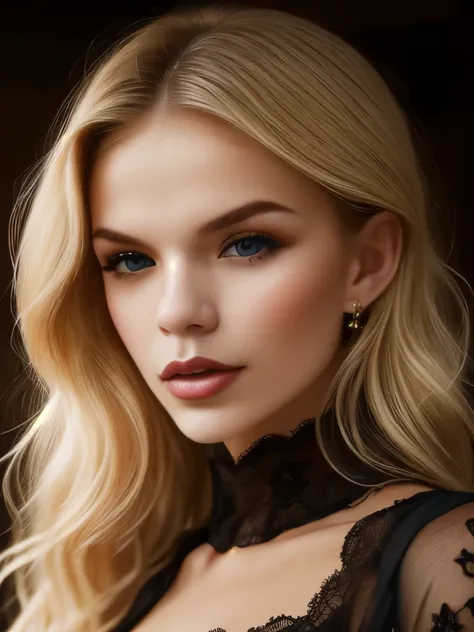 the main subject of this image is a mesmerizing blond woman. brushstrokes of rich, velvety hues create depth and intensity, whil...