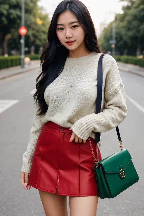 instagram photo, 21 year old beautiful Taiwanese woman, Long hair, black hair, closeup portrait, sweater, split, pale nipples, hard shadow, Carrying red、blue、green strip handbag