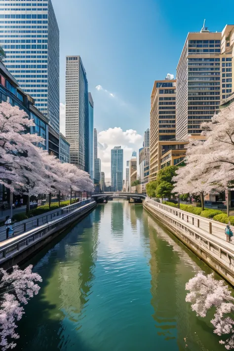 huge metropolis, modern, solar-punk, traditional Japanese style, coexisting races, diverse architecture, bustling cityscape, enchanted gardens, floating islands, fusion of technology and nature, neon lights, cherry blossom trees, high-tech skyscrapers, mys...