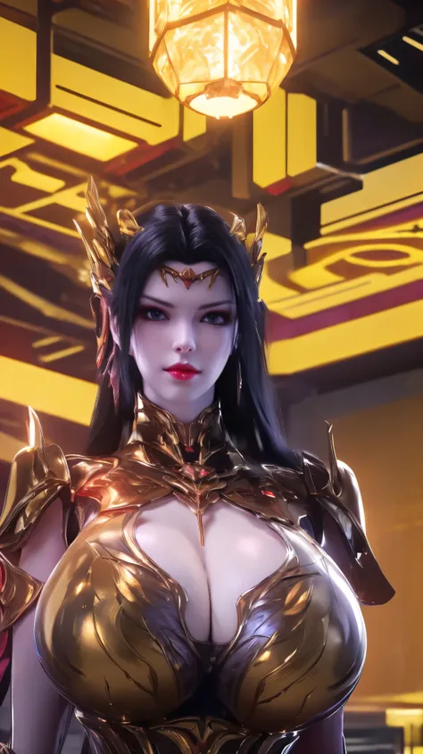 A beauty girl with black hair, 1GIRL, (PHOENIX GOLD HELM),((GIGANTIC FAKE BREASTS,CLEAVAGE:1.5)), (MUSCLE ABS:1.3), ((MECHA GUARD ARMS,DIAMOND CORE IN MECHA:1.1)), (PURPLE RED SHINY FUTURISTIC MECHA BRA,BLACK SKINTIGHT MECHA SUIT:1.5), (PERFECT THICK BODY,...