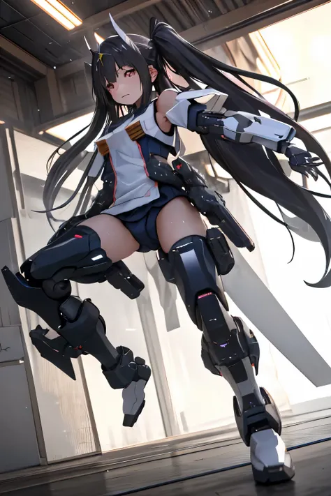 (highest quality)), ((masterpiece)), (very detailed: 1.3), 3D, {(1 young girl)}, (wear navy buruma and white gym uniform with colored hem under armor:1.2), (black hair:1.5), (She is fused with futuristic Gundam mecha:1.2), with headgear, with v-fin , armor...