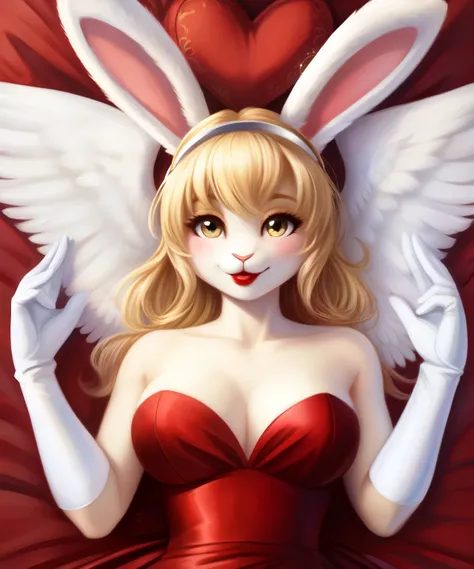 Female anthro rabbit as an angel, halo, white soft wings, red lipstick, laying down, heart pillows, red heart shaped dress, rabbit ears, white and golden long gloves, hugging you, pov