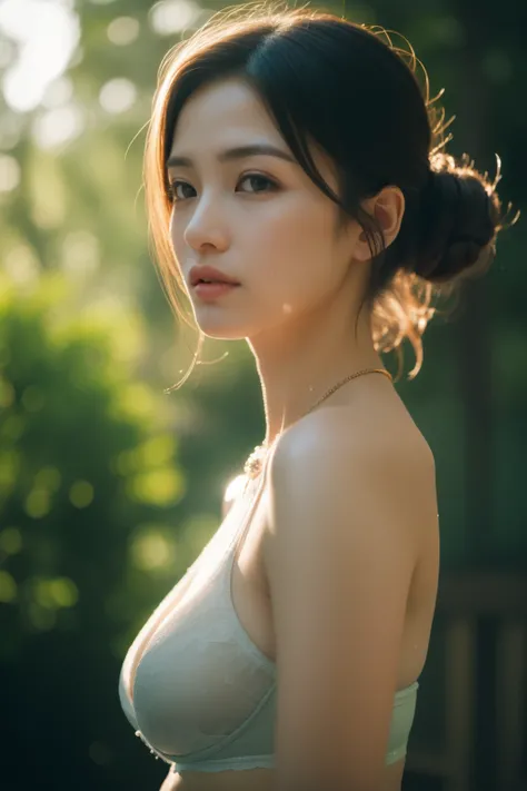 asian lady wear wet  bra, necklace, small breast, rounded shape breast,  ((she)), ((mid-shot, full body, slender waist)), Hair Up Do、 Glowing eyes, nose blush, Carl Larsson, Alfonse Mucha, Chiaroscuro, Film Glenn, reflective light, (((mid-Shot))), waist to...