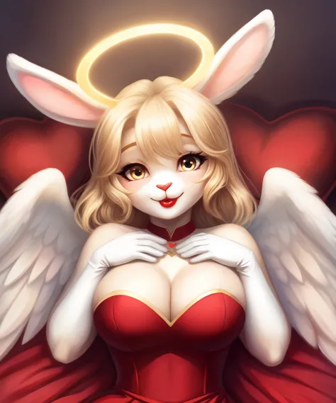 Female anthro rabbit as an angel, halo, white soft wings, red lipstick, laying down, heart pillows, red heart shaped dress, rabbit ears, white and golden long gloves, hugging you, pov