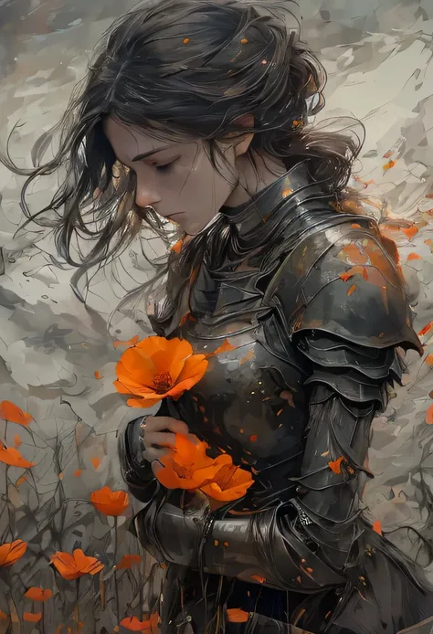 beautiful woman, sorrowful expression, faded elegance, poignant atmosphere, lost beauty, melancholic aura, hauntingly captivating, timeless grief, stark contrast, delicate decay, line art, wind, backlighting, stardust, knight, orange flowers, realistic, de...