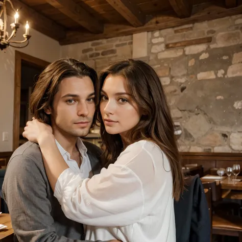 femme de 30 ans brune, la peau un peu mate, avec de long cheveux noirs bien coiffés les yeux marrons/vert, le visage fin, mince et classe avec une belle robe blanche et noire assise à une table de restaurant de luxe à Courchevel avec des murs blanc et une ...