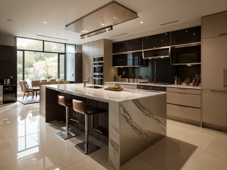 Generate an image of a luxurious kitchen seamlessly integrated into an open-concept living space, showcasing premium materials, upscale finishes, and a layout that promotes both functionality and aesthetic appeal.This striking image, perhaps a stunning pho...