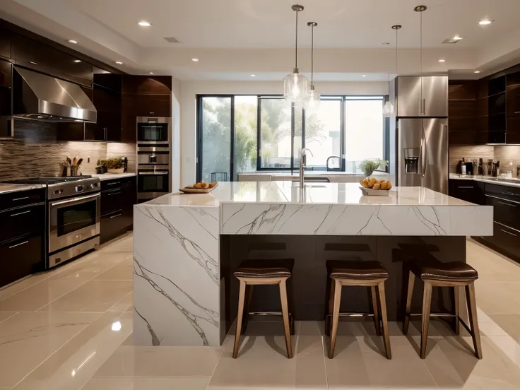 Generate an image of a luxurious kitchen seamlessly integrated into an open-concept living space, showcasing premium materials, upscale finishes, and a layout that promotes both functionality and aesthetic appeal.This striking image, perhaps a stunning pho...