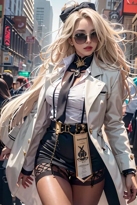 (Woman walking the streets of New York),realistic, High resolution, 1 female, alone, sexy,golden white straight hair、 hip up, show viewer, (detailed face), jewelry,Wearing Ravan sunglasses,(white long coat)、(black underwear),(Black garters and garter belts...