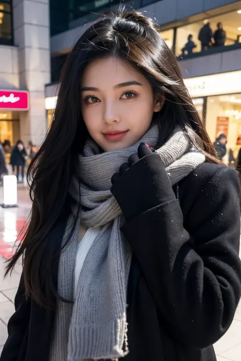 Masterpiece, top image quality, high resolution, 1 beautiful woman, heartbeat quickening, long black hair cascading down her back, winter fashion, wrapped in a thick coat, scarf around her neck, gloves covering her hands, shopping at the mall, the hustle a...