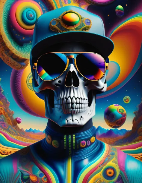 (masterpiece, best quality), DMT Art Style, SkeletoNaut, fitted ball cap, stunna shades, bright colors, surreal visuals, swirling patterns, skeleton, multicolored, sunglasses, intricate details, absurdres, highly detailed, UHD, 8k