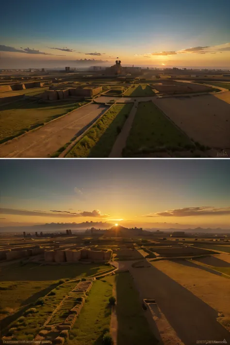 Visualize the ancient city of Ur, in Mesopotamia, from the time of the Bible, in 701 BC, in the background, a fascinating sunset, on the sides, vast vegetation, and in front, embrace, cinematic, 4k, high quality