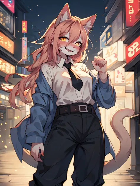 power_chainsawman, solo, by fumiko, by hyattlen, by hioshiru, tan female cat, long pink hair, tan cat ears, yellow eyes, cute ca...