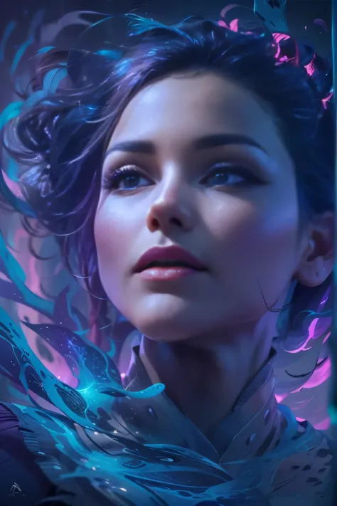 a stunning woman surrounded by a swirling nanodusty plasma in electric blue and vibrant purple, vibrant colors, surreal and myst...