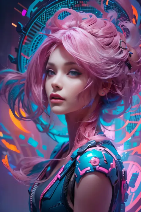 a portrait of beautifully stunning woman, fair skin, pink hair, surrounded by a swirling nanodusty plasma in electric blue and v...