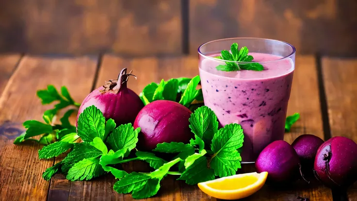 there is a beet smoothie with Beterraba and greens on the table, Beterraba, berry suco, high quality product image”, Muito intenso, Healthy, suco, imagem de estoque, estoque, health potion, a B C D e F G H I J K L M N o p q R S T U V W x y Z, vibrante e po...