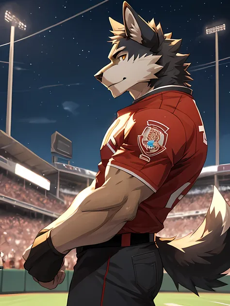 Furry,black fur wolf,Yellow stripes on the body,yellow eyes,(Realistic eye detail),Have muscles,Wear Baseball Uniform,Left hand holds Baseball 1.5,Standing on the baseball field,Evening,backlit,staring at the viewer,side view