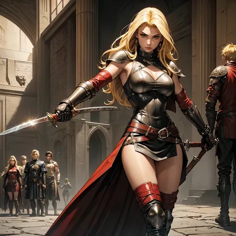 One single young beautiful ((fourteen years old blonde teenage girl)), leather savage, red accents, warrioress, swords sheathed, striking the pose, arid dry environment, brutalist hall temple, medieval fantasy setting, group of young adult male warriors in...