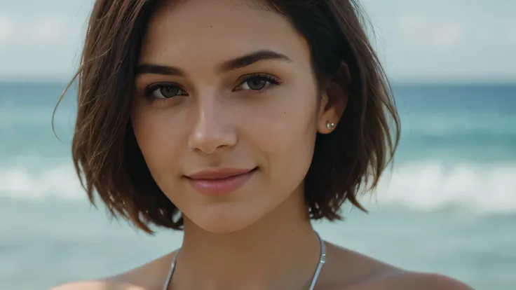 close-up shot of face, spoon, (Small bandeau bikini), Soft big, smile, beautiful european model, tropical beach, sunlight, 1 beautiful faceを持つ女の子, Photographer 1.4), (full body portrait: 1.4),Raw UHD Portrait Photography, be familiar with (texture!, hair!,...