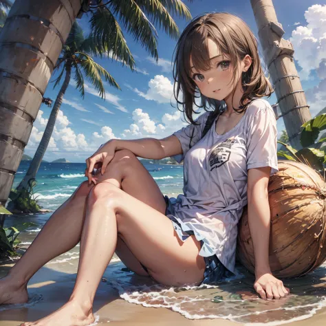 best quality, masterpiece, highres, 1girl, marooned on a tiny tropical island, torn clothes, disheveled hair, old clothes, tanned skin, single palm tree, coconuts, renatadaninsky, sfw