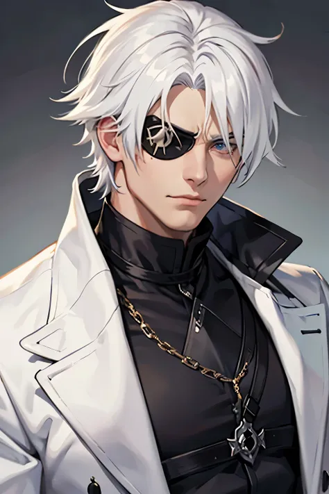 1 man, mature, white hair, serious expression, eyepatch on left eye, 