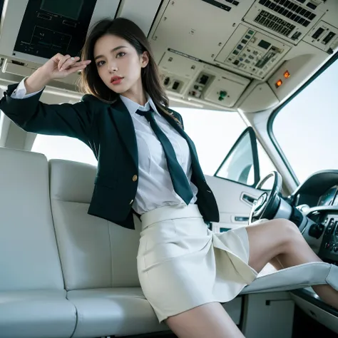 arafed woman in a skirt and tie standing in the open door of a plane, pilot girl, pilot outfit, business attire, in cockpit, elegant pose, cute pilot girl, on the runway, ready for a meeting, style of julia razumova, dominant pose, white shirt and green sk...