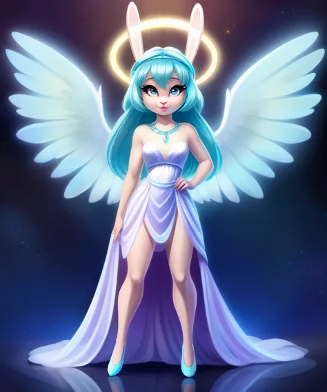 Andromeda the angelic female lop rabbit, light cyan fur, cyan hair, halo, white soft wings, Greek mythology dress, pink lipstick, aquamarine eyes, cyan eyelashes, lop rabbit ears Disney cartoon, concept art, full body