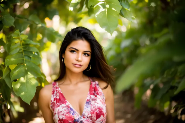 Generate a hyper-realistic image that employs the shallow depth of field technique to highlight a young indigenous Brazilian native in the Amazon rainforest. The young woman should be the focal point, with crisp clarity, while the Amazon rainforest backgro...