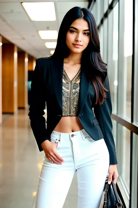 Beautiful Indian girl with long black hair, showcasing her full body in a stylish ensemble consisting of a Western-inspired top, a fashionable jacket, fitted jeans, and high heels. At the age of 23, she stands confidently in an office setting. The image is...