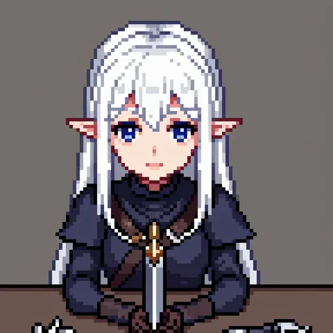 Dark elf fantasy warrior with white hair,  Skeen oscuro usando una daga en una taberna medieval, Mejor calidad, arte de pixel