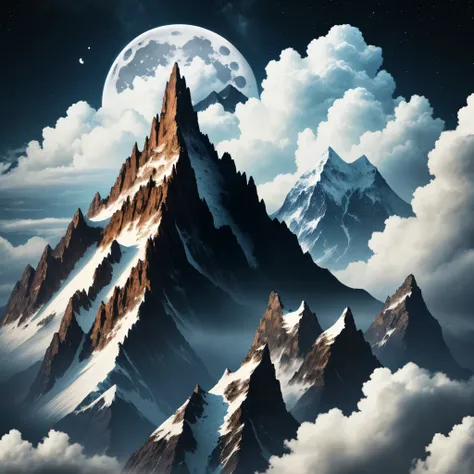 Mountain, moon, clouds, darkness