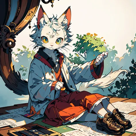 Masterpiece, beloved character, eraser cat, adorable, solitary, wearing red and white striped sweater, black button-up shoes, patchwork quilt background, highest quality, realistic, ultra-detailed, shiny, lifelike eyes with smudged whites, short whiskers, ...