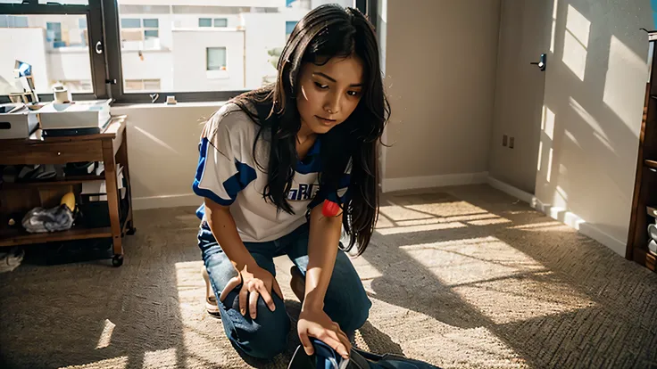 IN WIDE ANGLE PHOTOREAL, A 20-YEAR-OLD CLEANER IN HUMBLE CLOTHING CLEANS AN OFFICE WITH A CLOTH IN HAND KNEELING, BUT SHE HAS CLEAR EXPRESSIONS OF CRYING, SEM SABER O QUE FAZER. ela tem cabelo preto, IT&#39;S THIN AND BEAUTIFUL. texturas reais, 8K FULL HD.