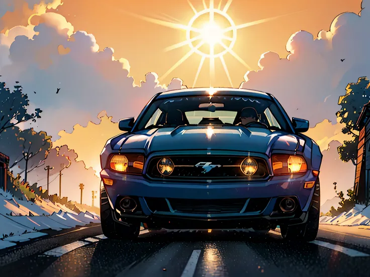 Visualize uma cena, onde um carro ford mustang azul se afasta em uma rodovia deserta, enveloped by the rays of the summer sun. O caminho se estende pela frente, pelo dia ensolarado. The mood is one of joy, com a estrada e o horizonte. Capture the feeling o...