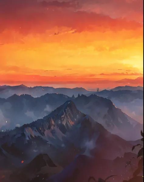 Dense mountains in the embrace of dusk, where the sun paints the setting in gradations of red, mixing between warm orange and gentle yellow. This mountain view reflects its natural beauty against the backdrop of the calm sky, creating a mesmerizing moment ...