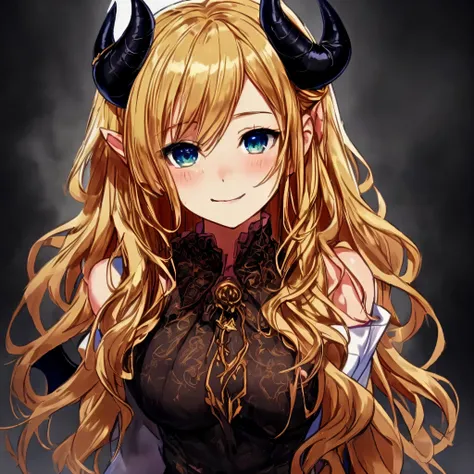 (masterpiece), 8k cg, stunningly beautiful girl, intricate details, chromatic aberration, ((bust shot)), ((looking at viewer)), 1girl, Yuzuki Choco, (long wavy hair, (Blonde hair) Devil Horns, Teacher, Devil Tail, Blue Eyes), Devil Wings, extremely beautif...