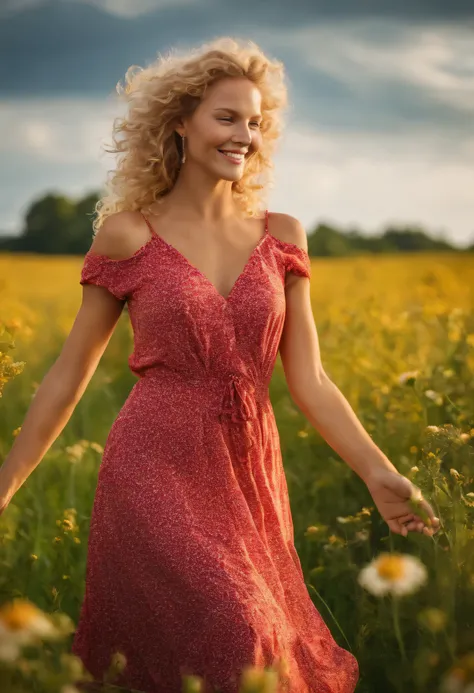 beautiful blonde Swedish lady, green eyes, smiling, Lockige haare, Tanzen auf einer Wiese, Sommerkleid