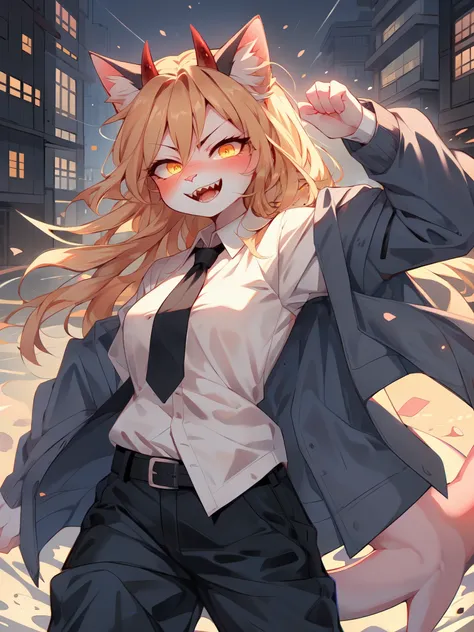 power_chainsawman, solo, by fumiko, by hyattlen, by hioshiru, pink mature female cat, long strawberry blonde hair, tan cat ears,...