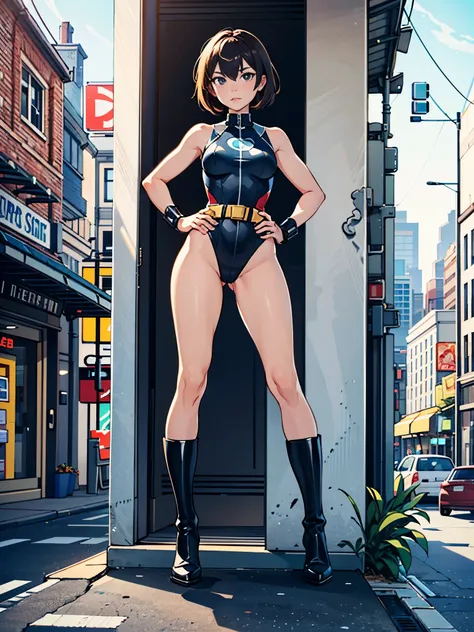 (((pixel-perfect, detail-perfect))), 1girl, superhero, leotard, highleg leotard, bare legs, boots, standing, solo focus, golden belt, hands on hip, full body shot, mature lady, city backdrop, sleeveless, ultra highres, absurdres, beautiful face, detailed e...