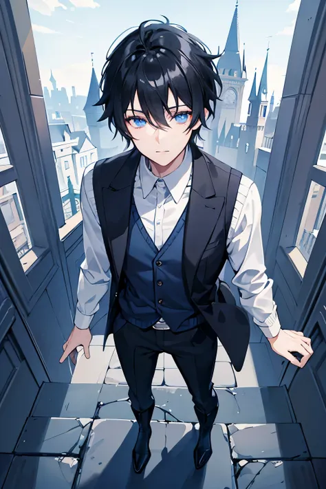 male　black hair　blue eyes　sweater　Check slacks　vest　Knee-high boots　look up　Castle　Walk through the castle town　masterpiece　Highest image quality　noise removal　clear parts 　cinematic shadow　Increased attractiveness of the eyes　clear parts the shine of the ...