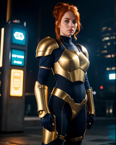 1girl, skin pores texture, ((redhead)) with ((2 buns hair)), blue eyes, ((Joana Gate)) 23 years old, piercing eyes, HD , Photography, movie, cinematic, ((slim waist)), full Body armor orange, blue and gold, hero, Realistic, (8k, RAW photo, best quality, ma...